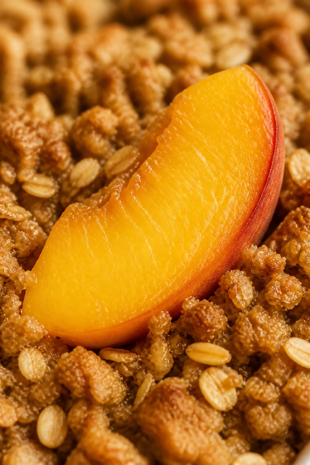 Closeup peach slice resting in crisp topping crumble