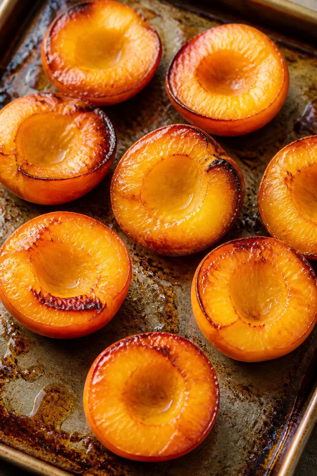 Fragrant ripe peach halves on baking sheet, caramelized edges