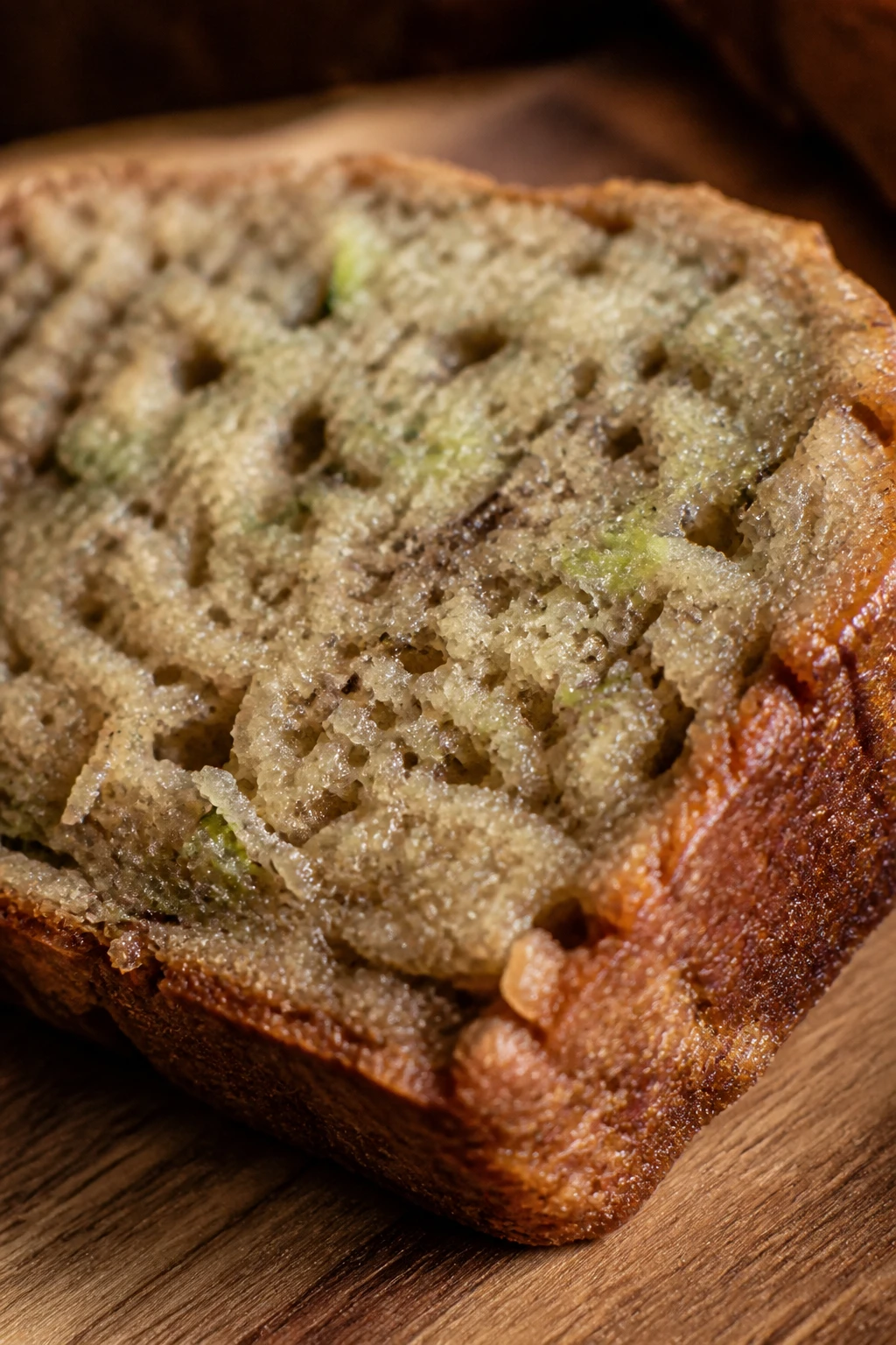 closeup of moist banana zucchini bread slice on wooden board