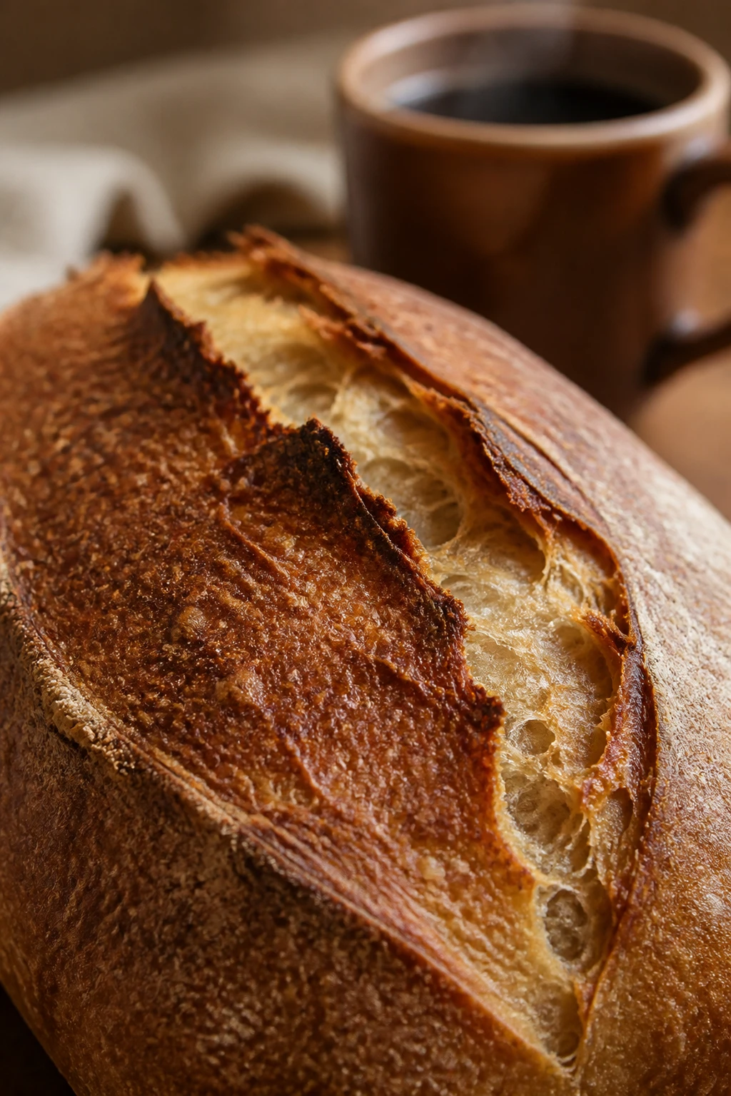 closeup loaf crack along top crust with warm coffee mug in background