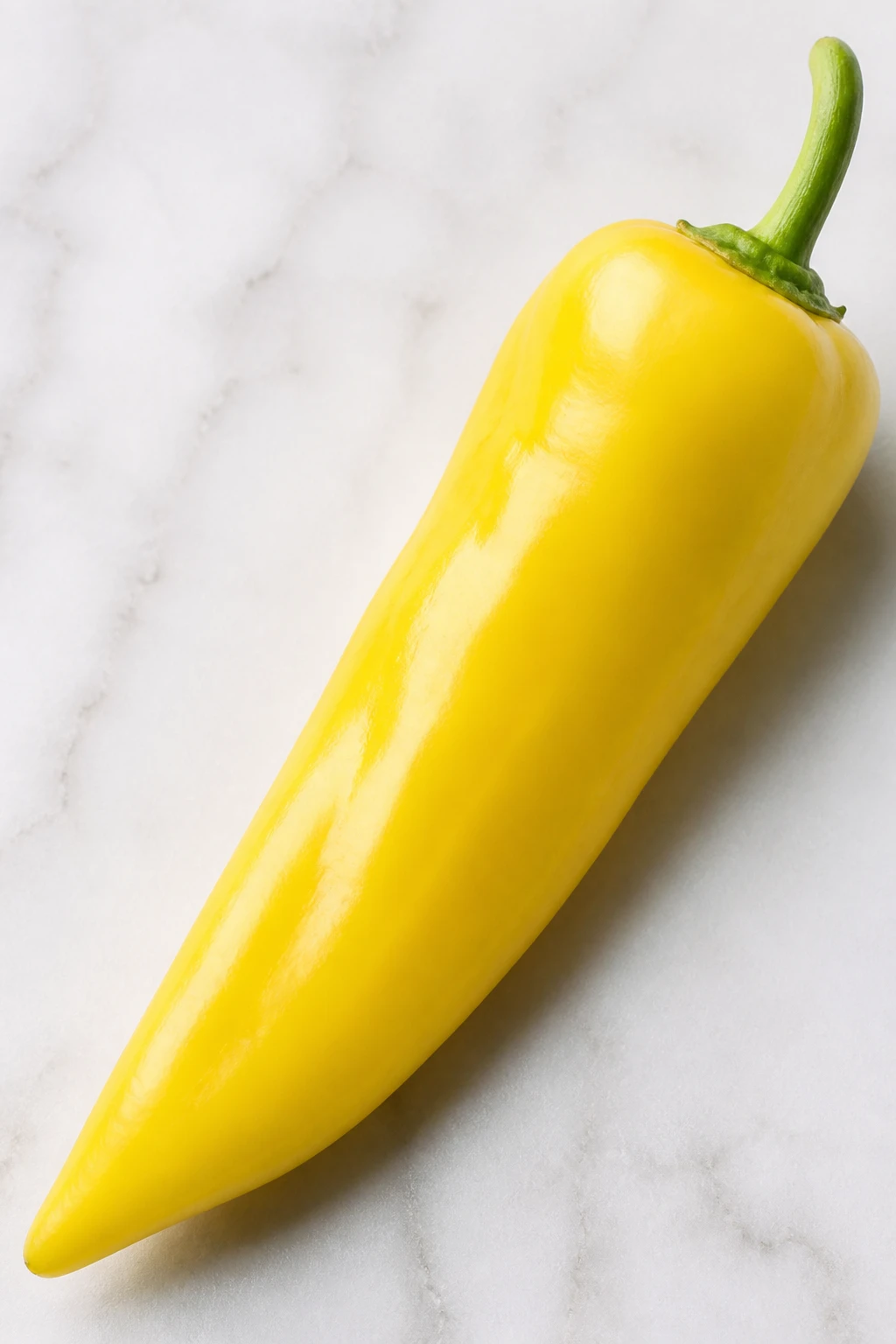 Close-up of a single ripe yellow banana pepper on a white slate