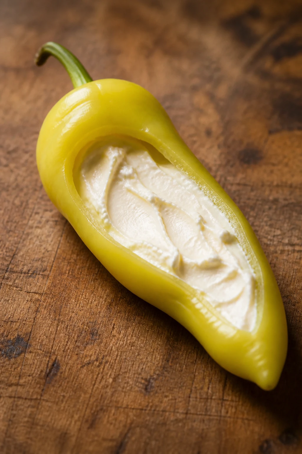 Close-up of a single banana pepper half-filled with creamy cheese, on rustic board