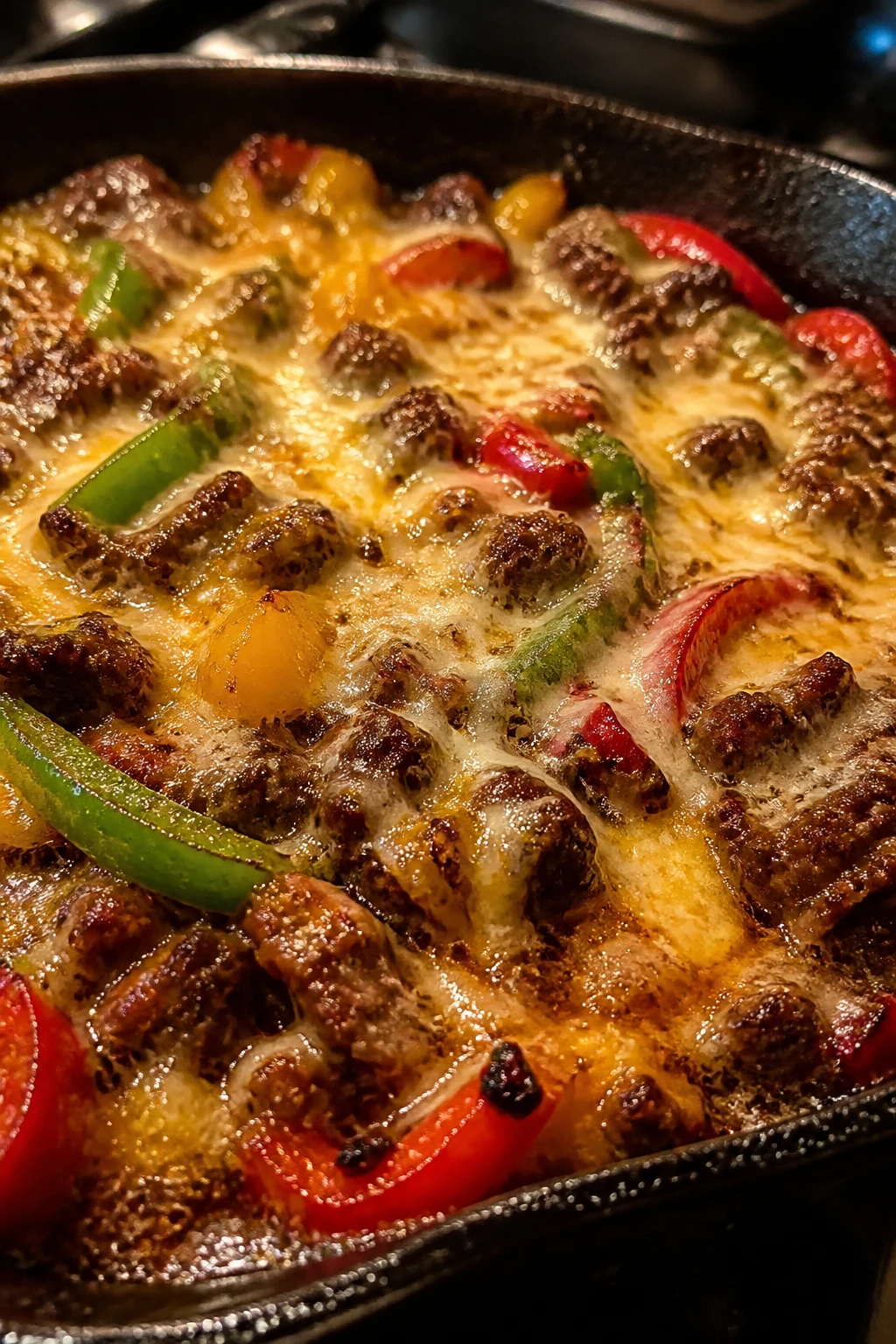 closeup of bubbling pepper-and-meat skillet with melted cheese
