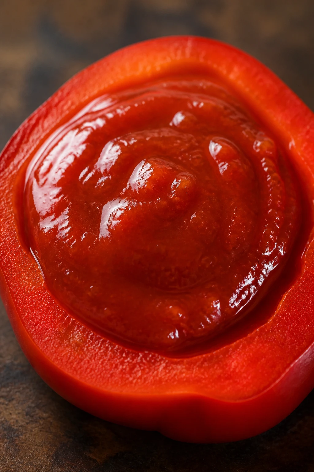 closeup of glossy tomato sauce pool on single red bell pepper slice