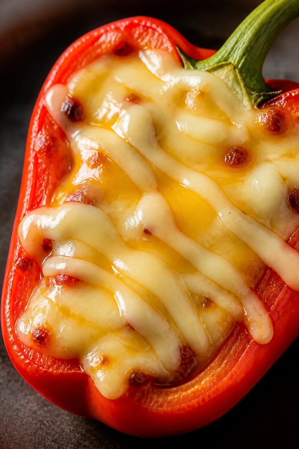closeup of single colorful bell pepper half topped with melted cheese drizzle