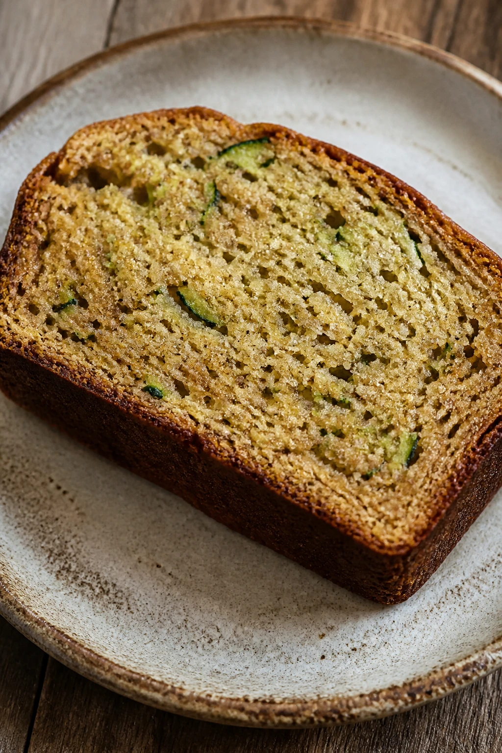 closeup of a single slice of zucchini bread on a rustic plate