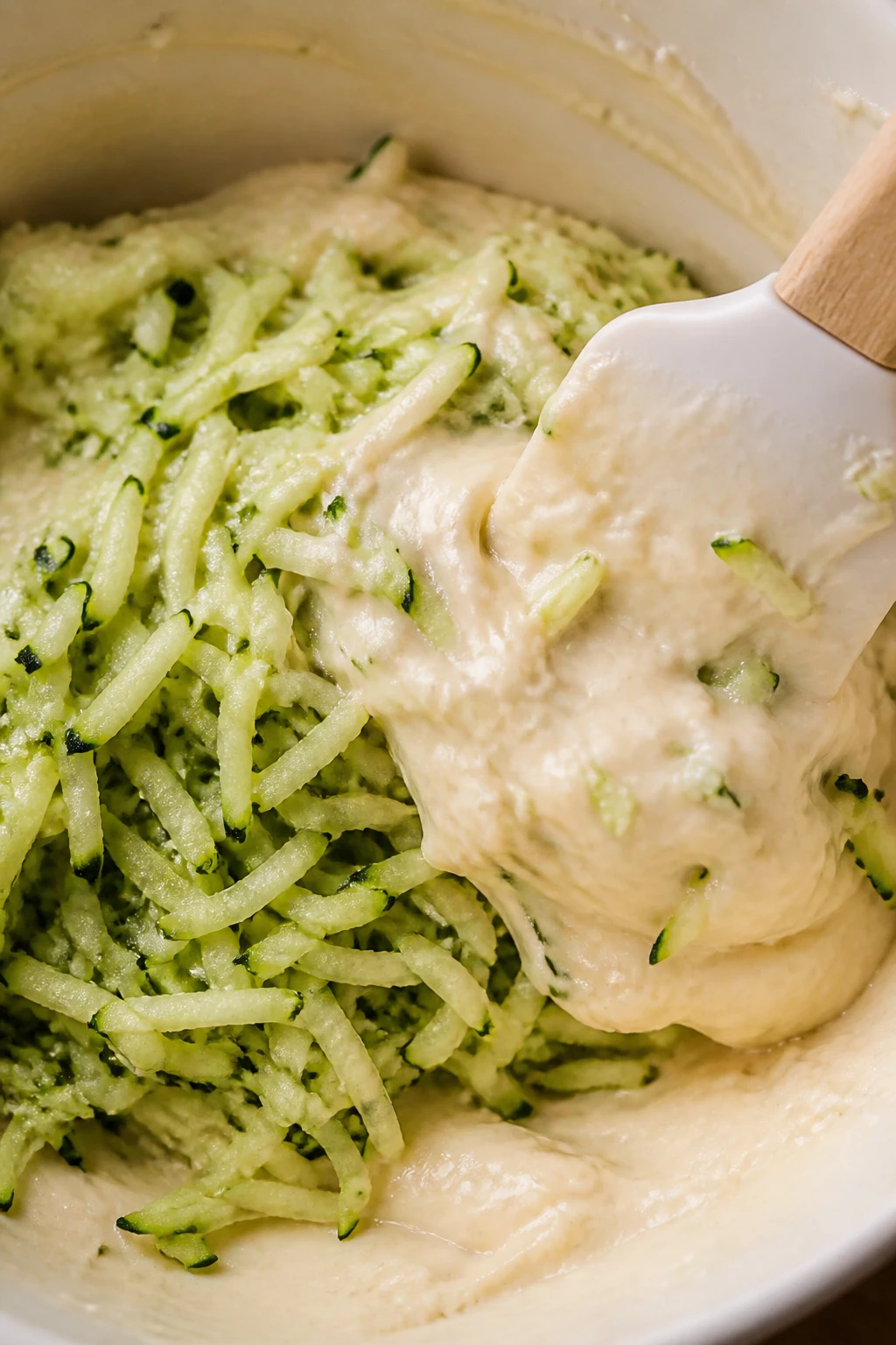 closeup of grated zucchini being folded into batter in a bowl
