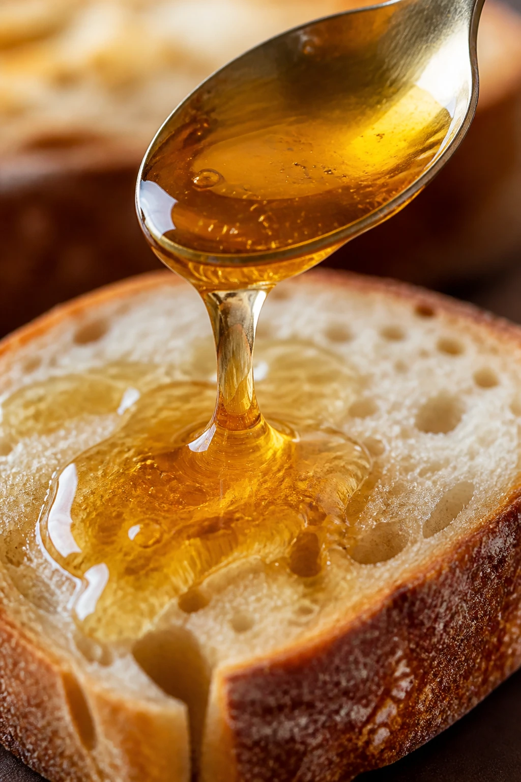 closeup of a spoonful of honey drizzle over a fresh loaf slice
