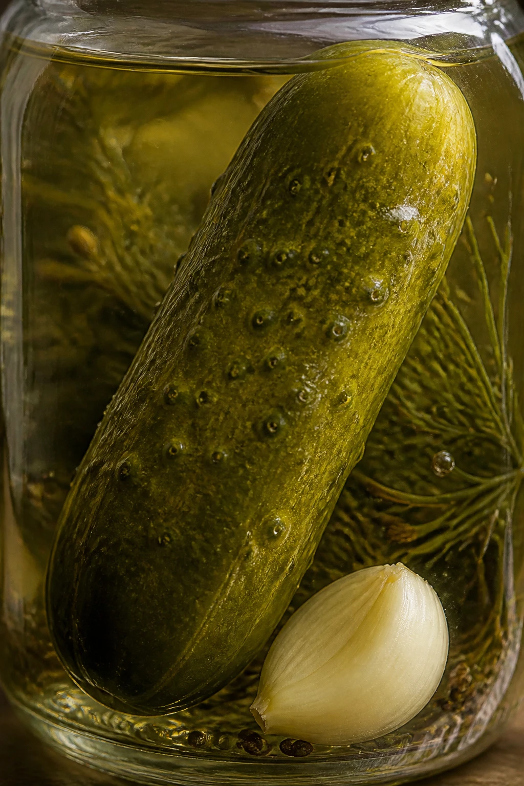 Closeup of a single cucumber immersed in brine jar with garlic clove
