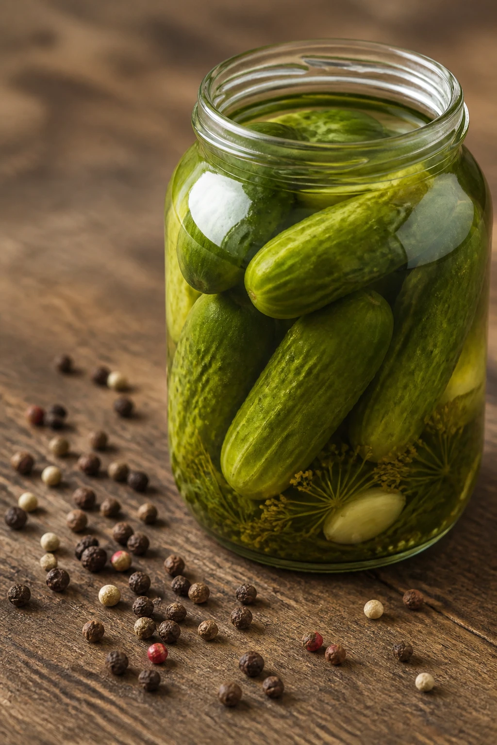 Closeup of peppercorns scattered beside a single jar of pickling cucumbers
