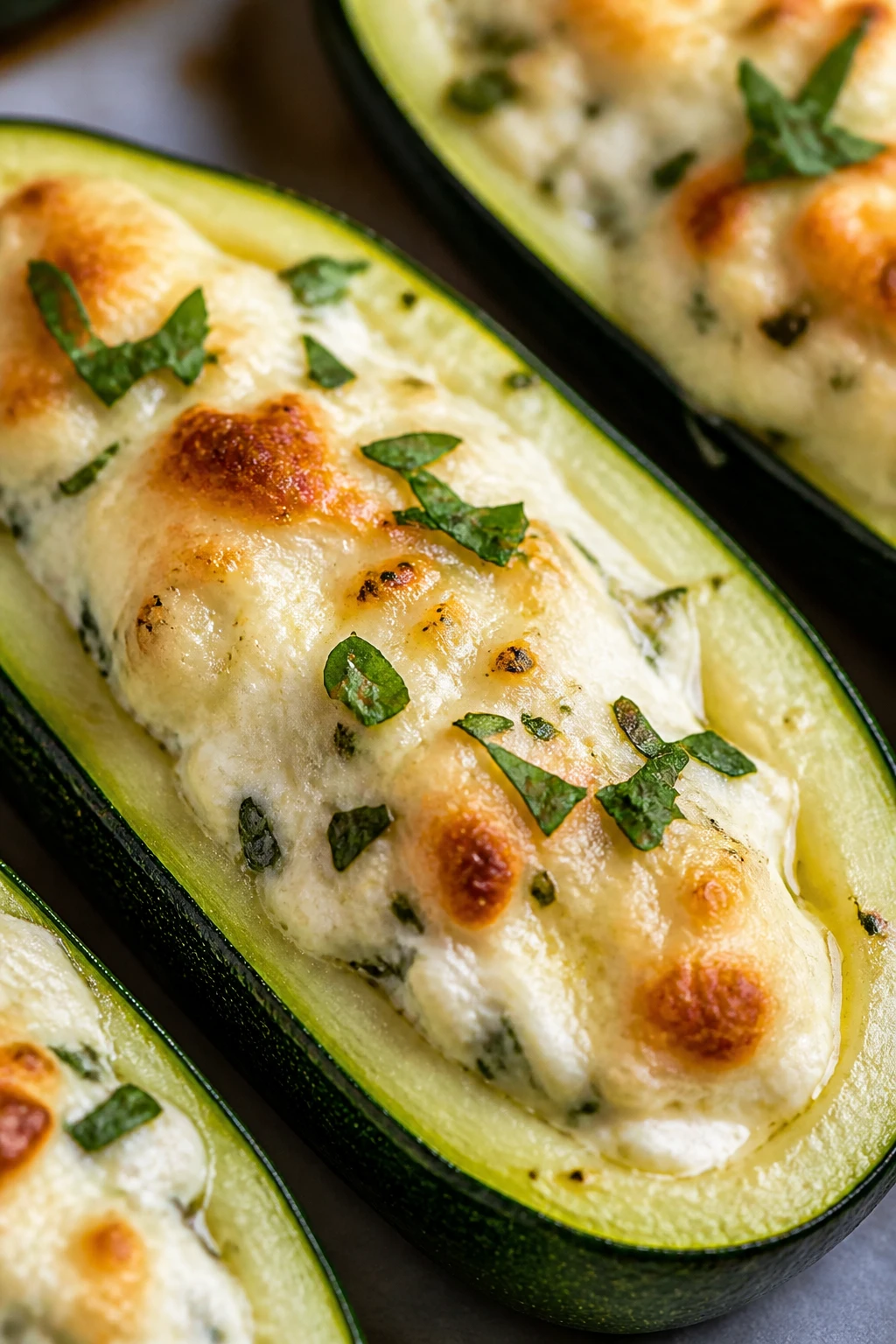 Closeup of stuffed zucchini boat with creamy ricotta filling