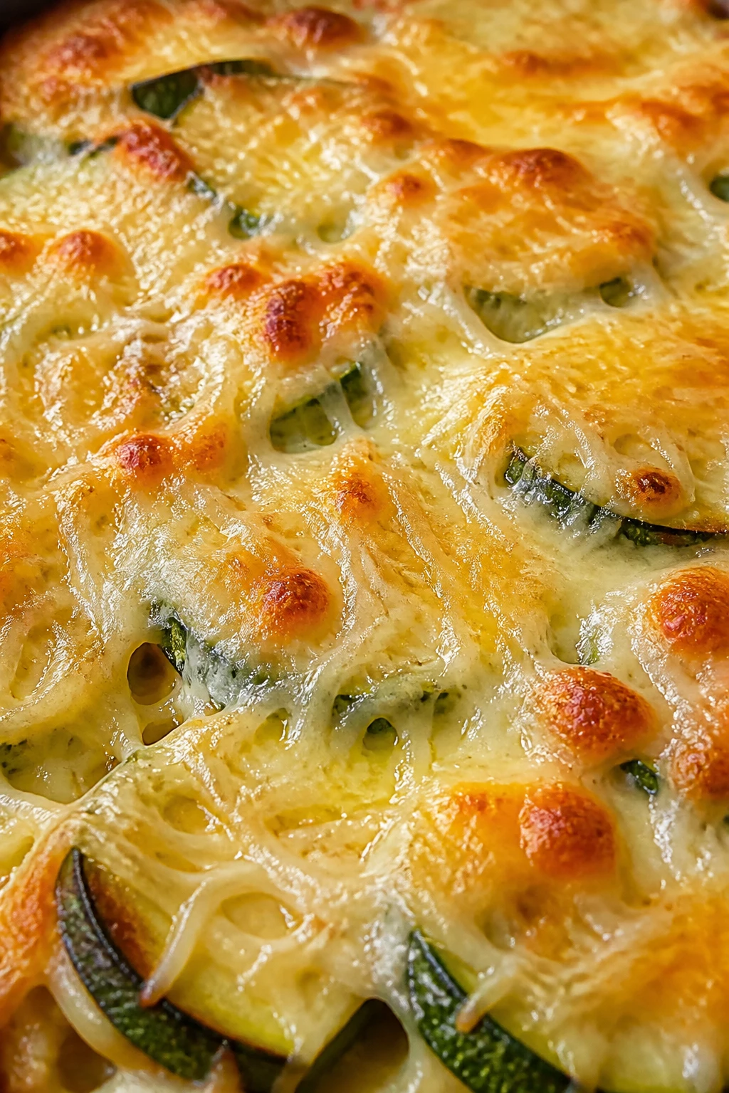 Closeup of grated cheese melting on zucchini casserole top