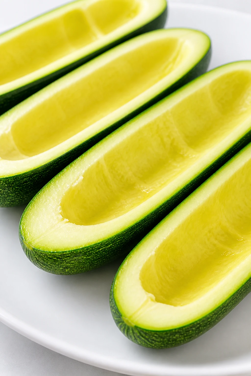 Closeup of bright zucchini halves ready to be filled on white plate