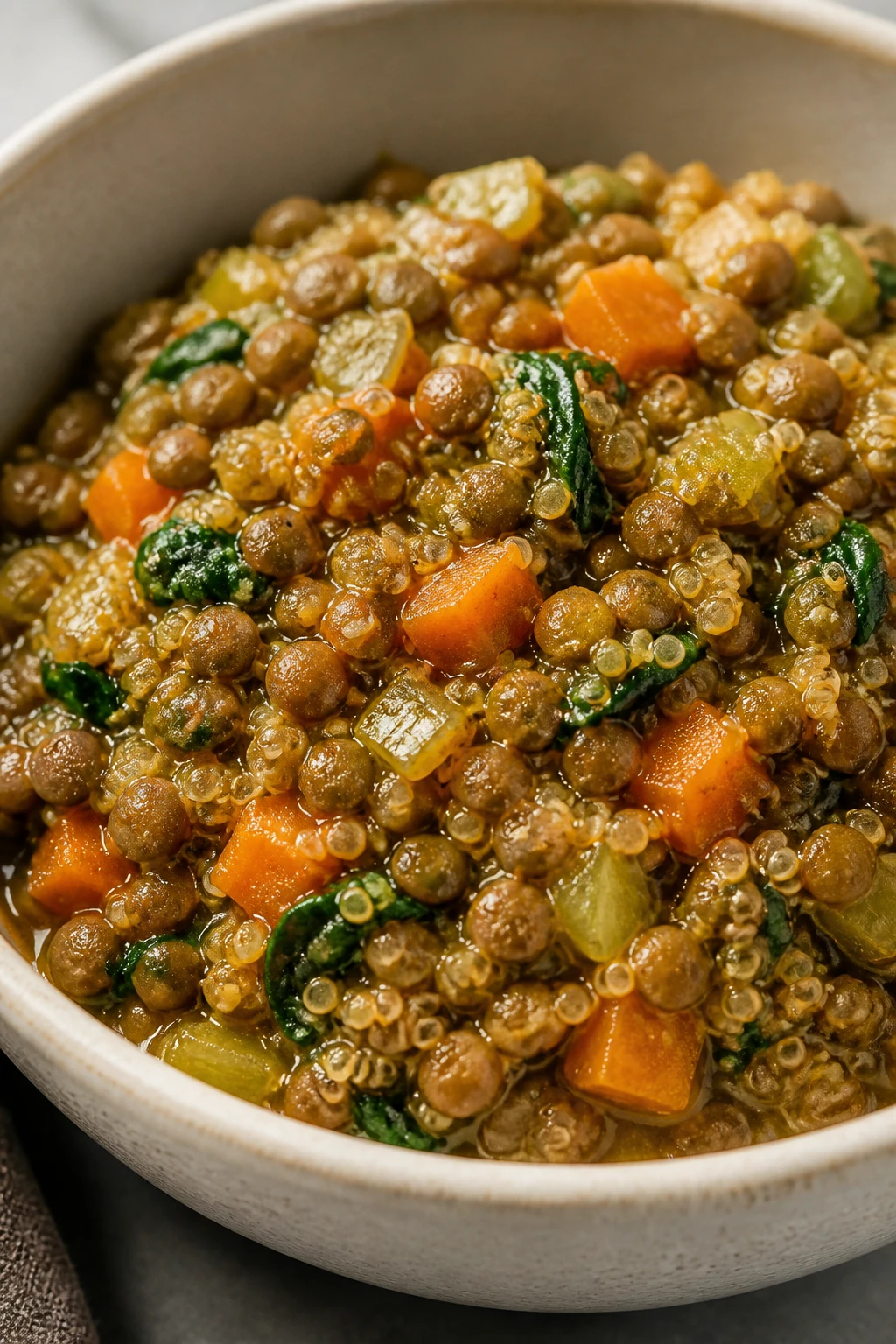 Closeup of a single bowl of high-fiber lentil and quinoa dish