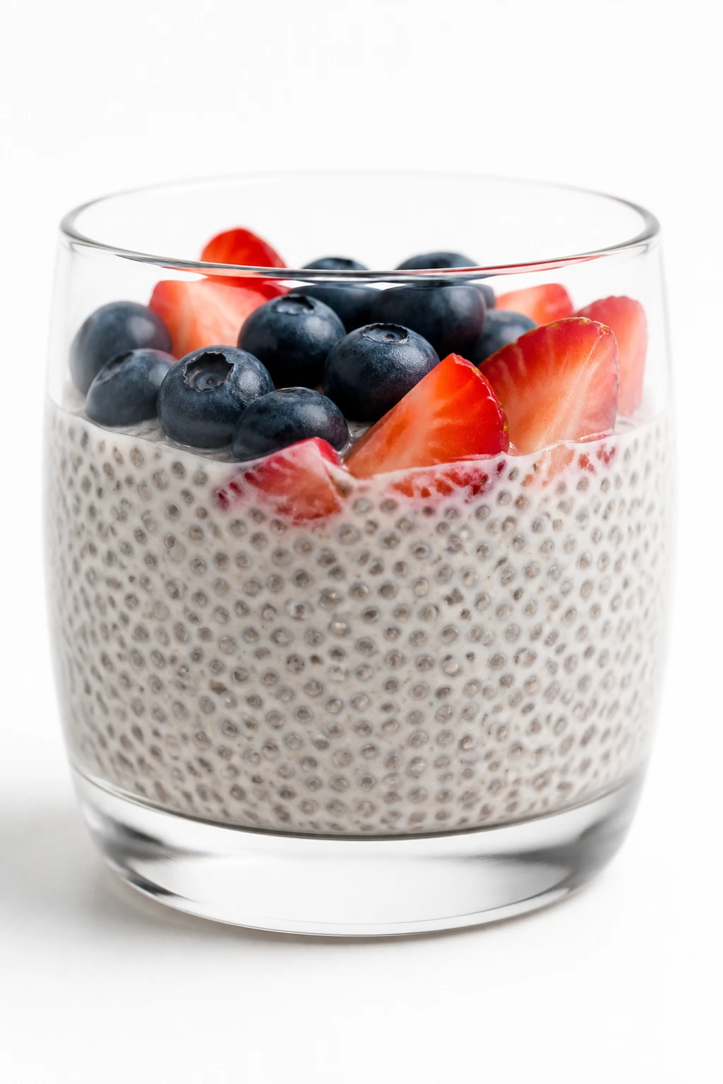 Closeup of a single chia seed pudding glass on white backdrop
