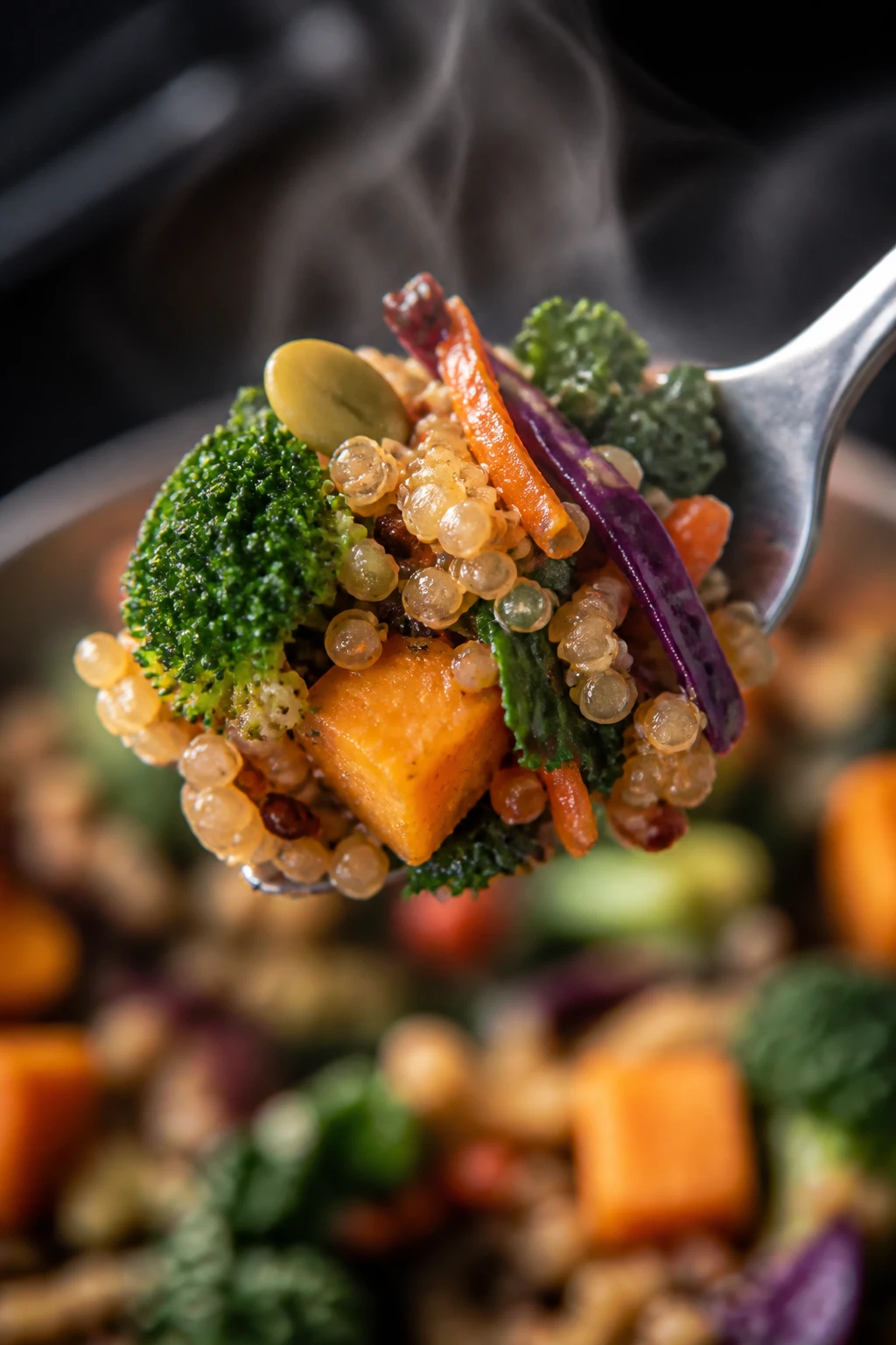 Closeup of a single forkful of steamy fiber-packed veggie grain bowl