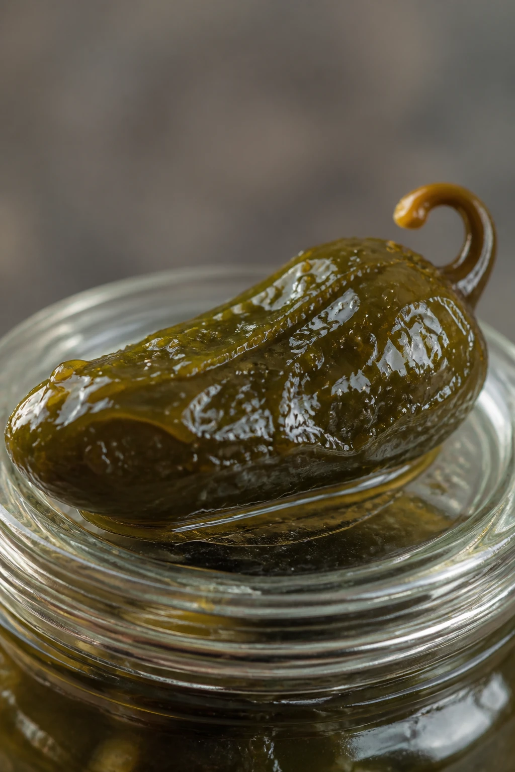 Closeup of glossy jalapeño candied pepper on glass jar lid