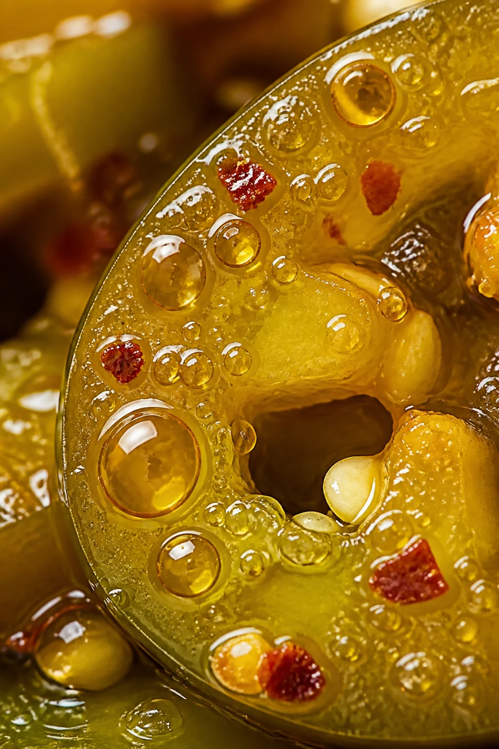 Closeup of vibrant Cowboy Candy glaze droplets on pepper slice