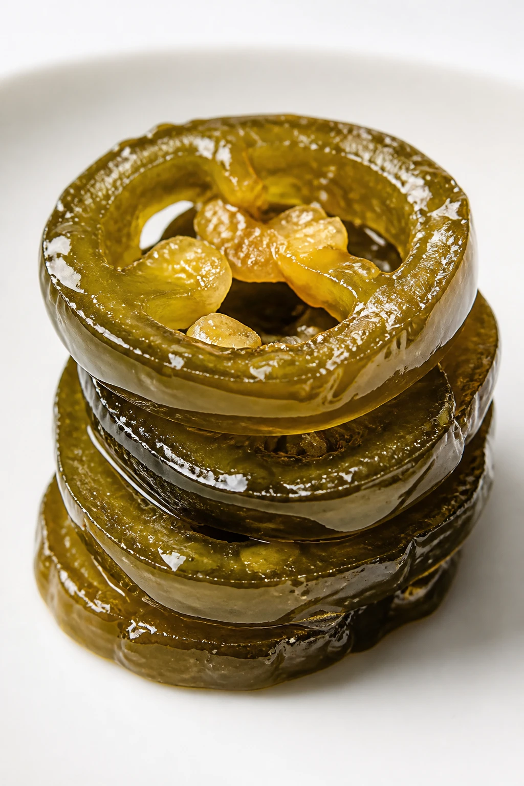 Closeup of crisp candied jalapeño stacked solo on white plate