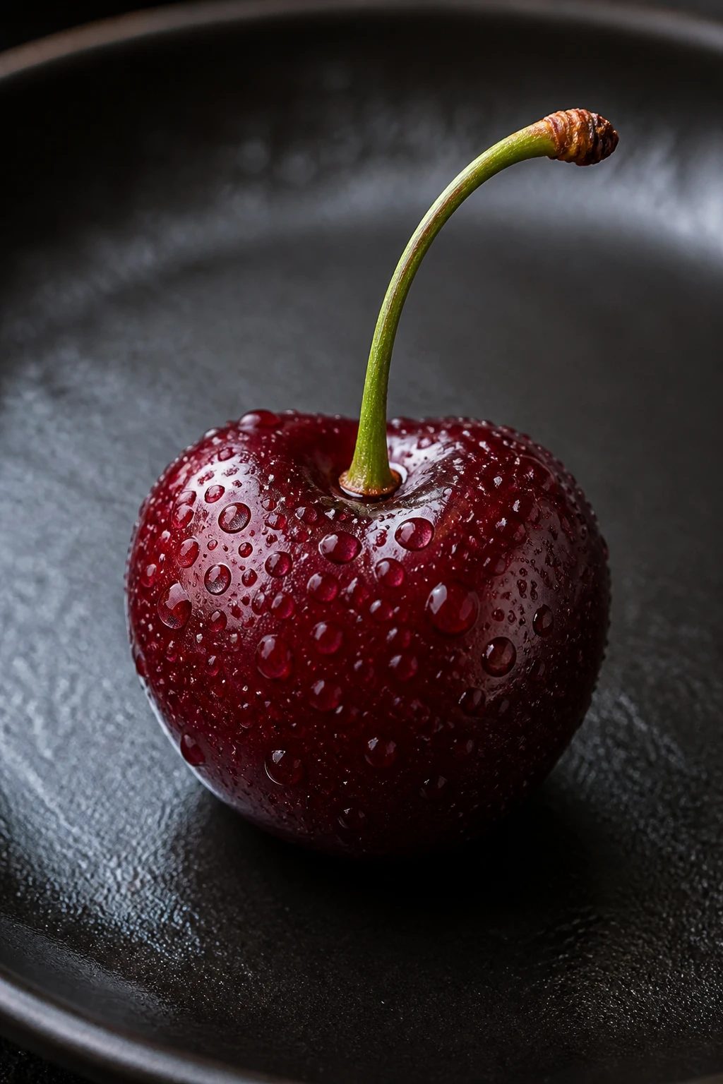 Closeup of a single ripe Bing cherry with dew droplets on dark plate