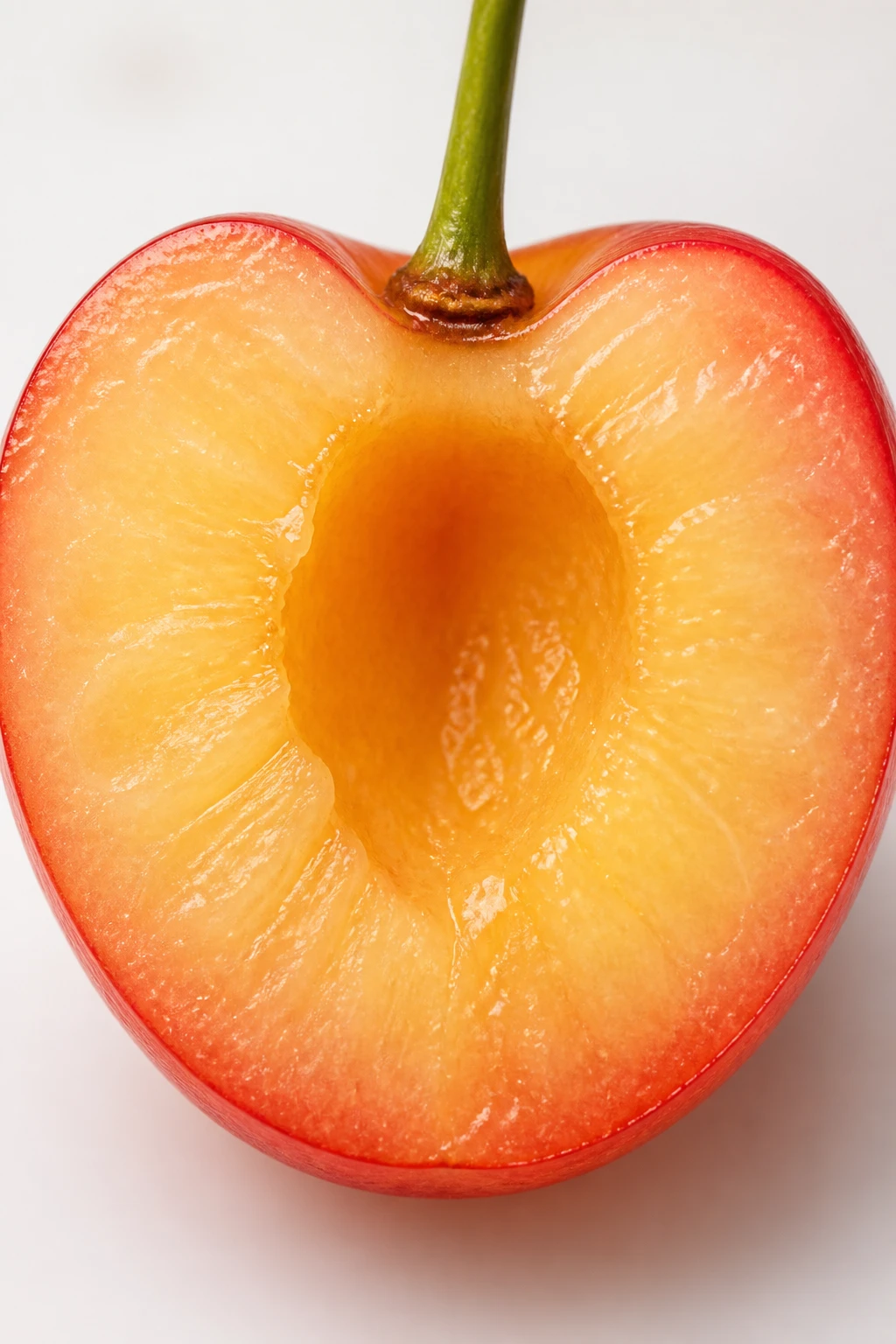 Closeup of a single Rainier cherry sliced in half, pit removed