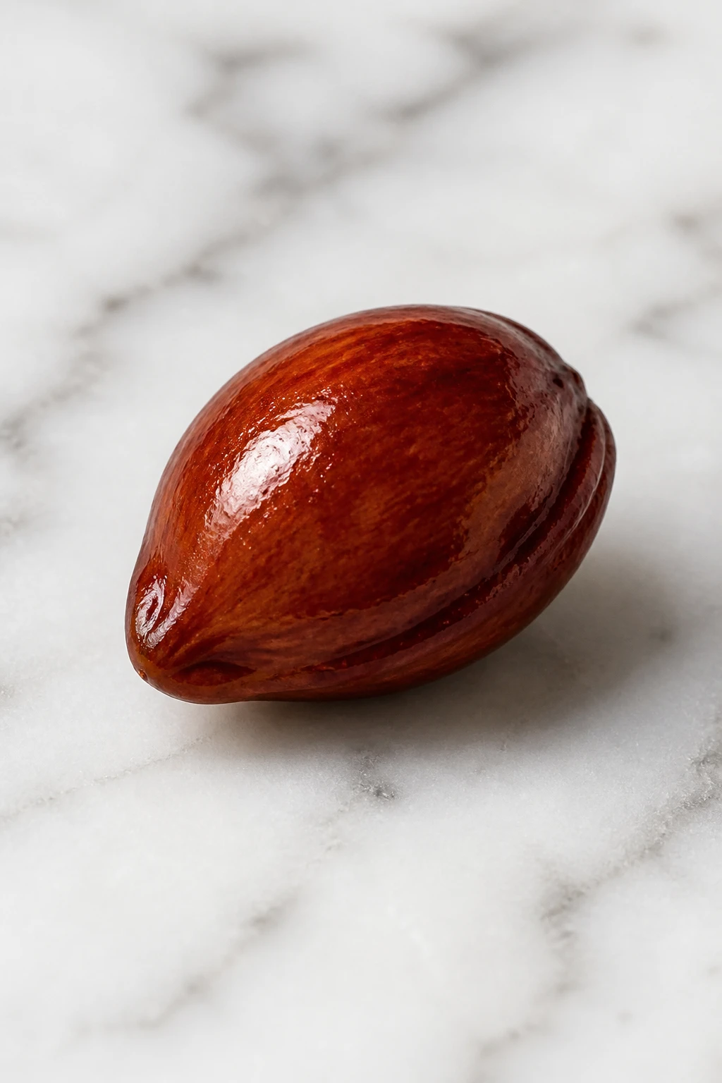 Closeup of a single glossy cherry pit resting on white marble surface