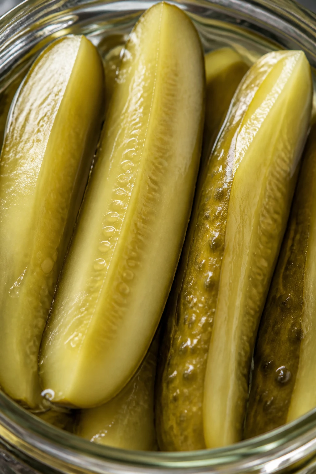 Closeup of crisp pickle spears in a glass jar, focus on texture
