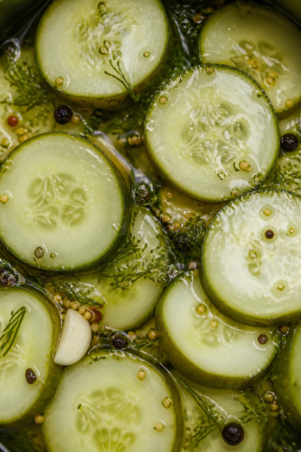 Closeup of cucumber slices brining in brine, high-detail texture