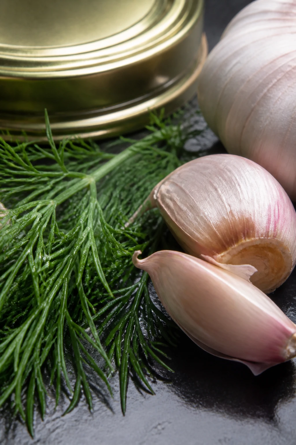 Closeup of garlic and dill sprigs beside jar lid, crisp surface shine