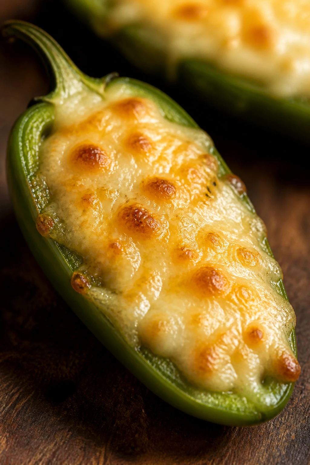Closeup jalapeño half with melted cheese topping