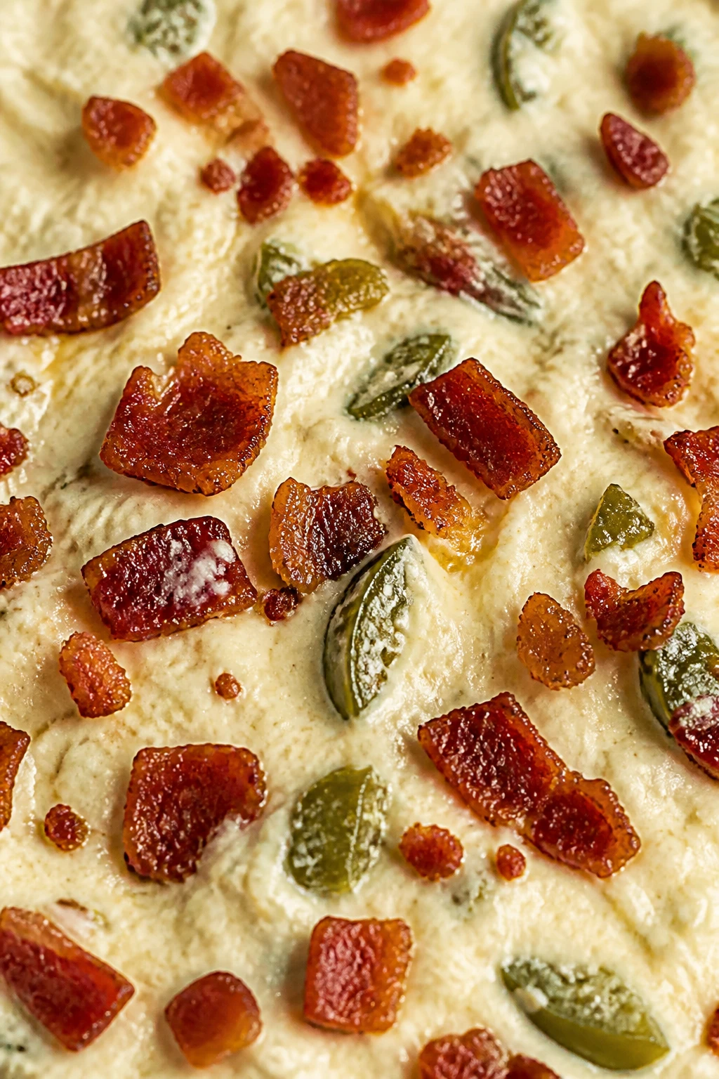 Closeup bacon bits sprinkled over creamy jalapeño filling