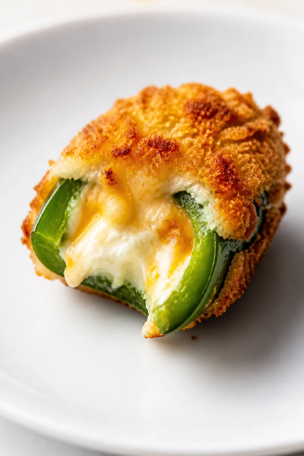 Closeup single jalapeño popper bite on white plate