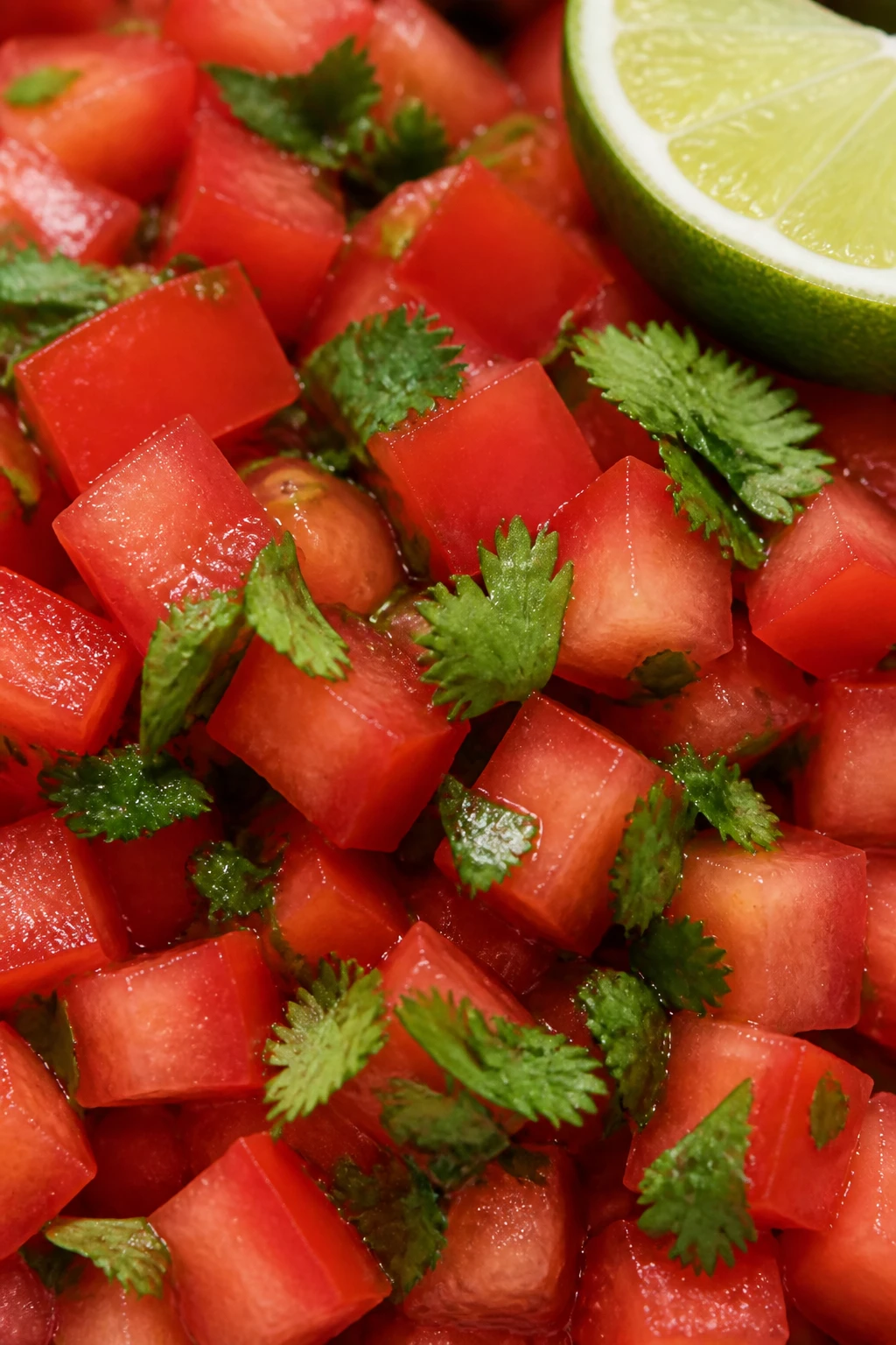 closeup of chopped fresh tomatoes with cilantro and lime wedge