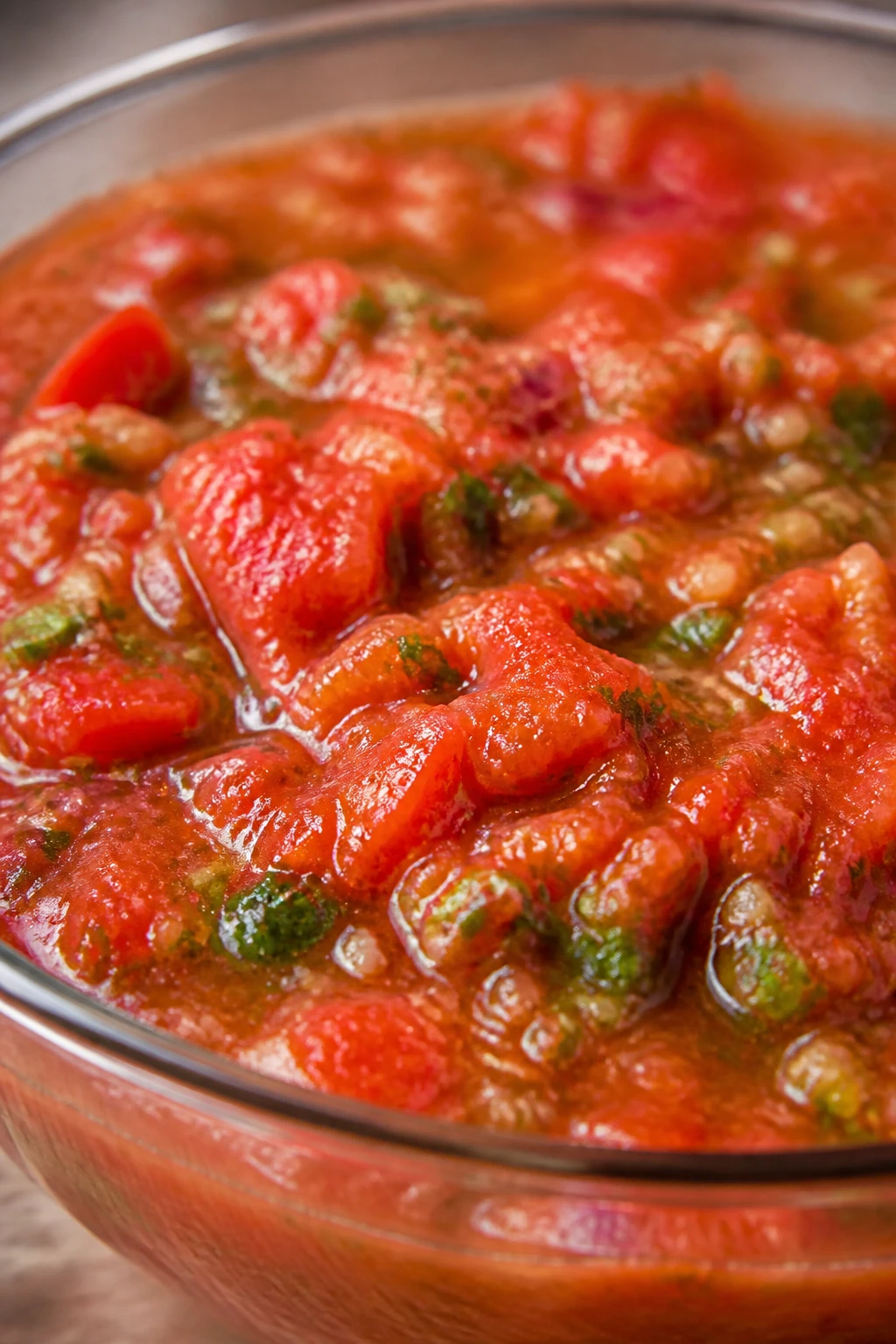 macro shot of bright red salsa texture in clear glass bowl