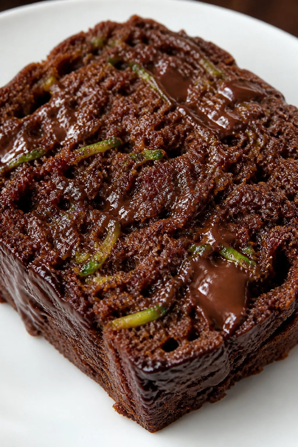 Closeup of a glossy chocolate zucchini bread slice on a white plate