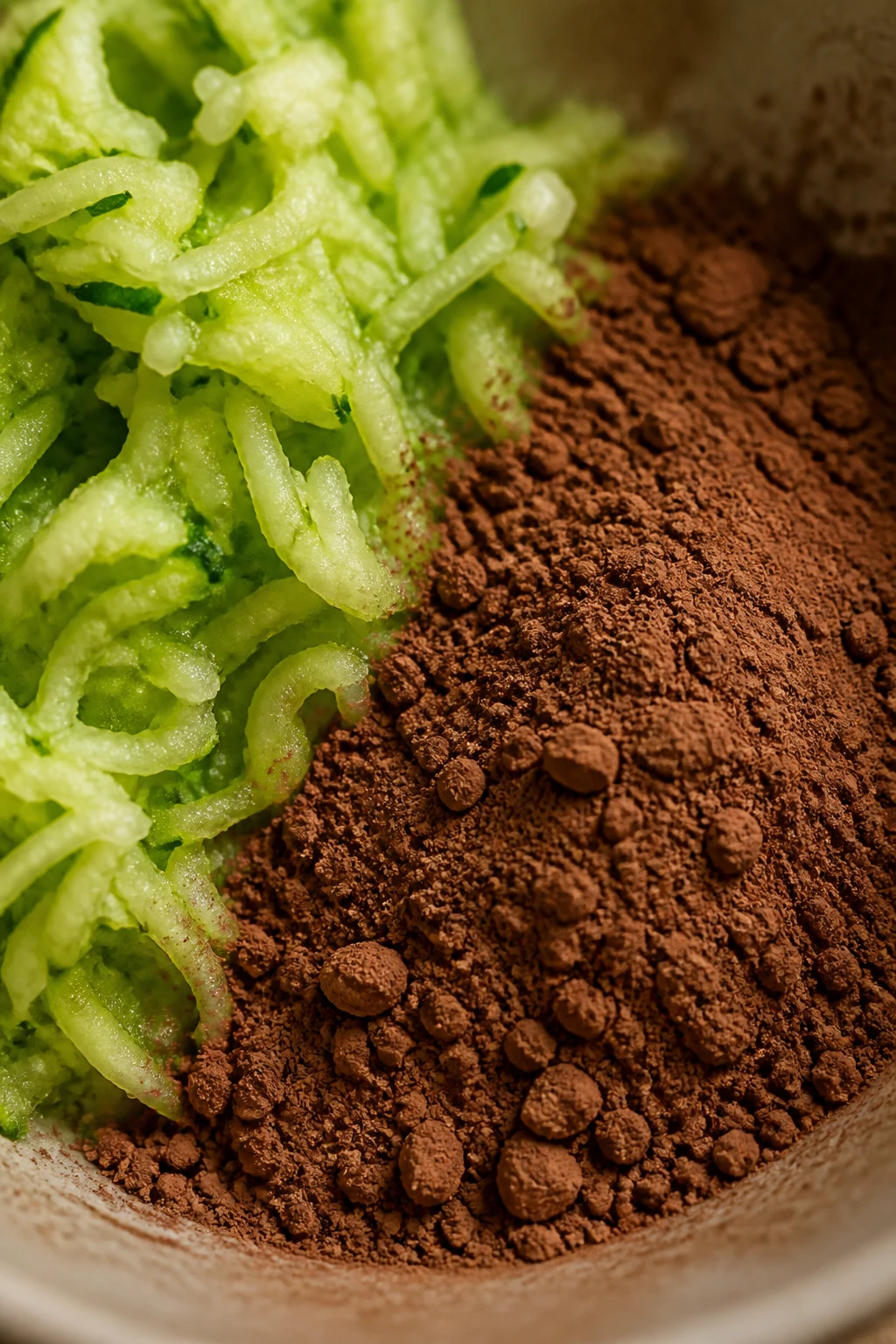 Macro shot of grated zucchini beside cocoa powder in a bowl