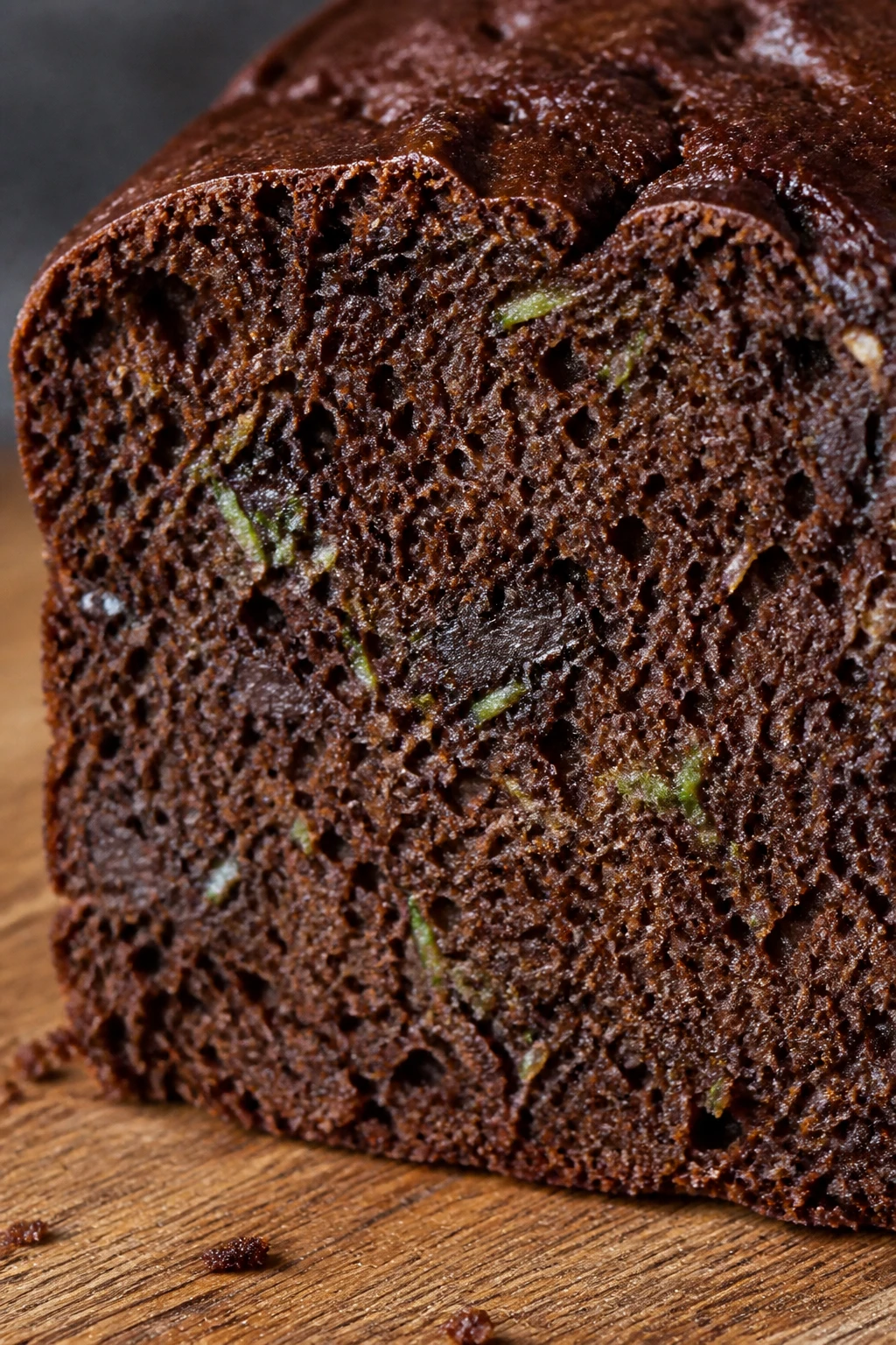 Closeup of a chocolate zucchini bread loaf crumb on a wooden board