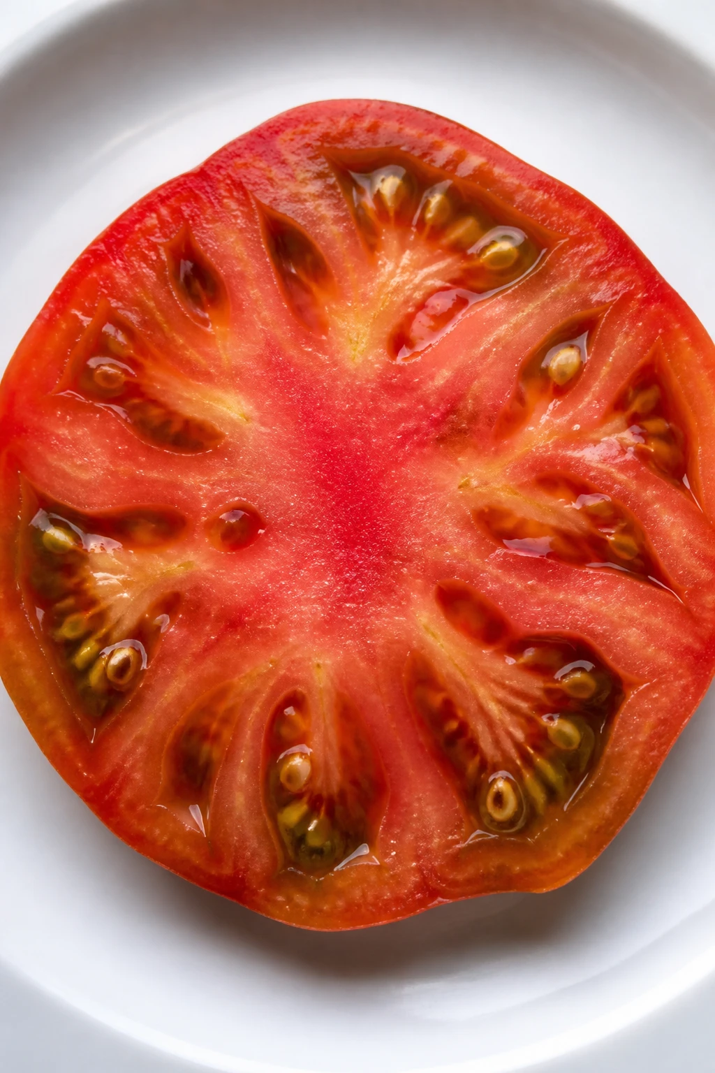 Closeup of a single heirloom tomato slice on a white plate