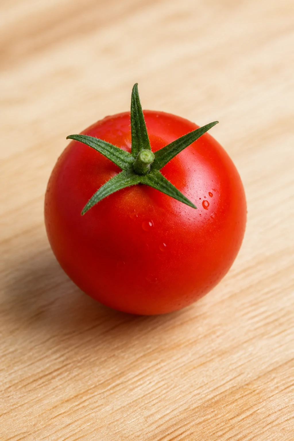 Closeup of a single cherry tomato on a light wooden board