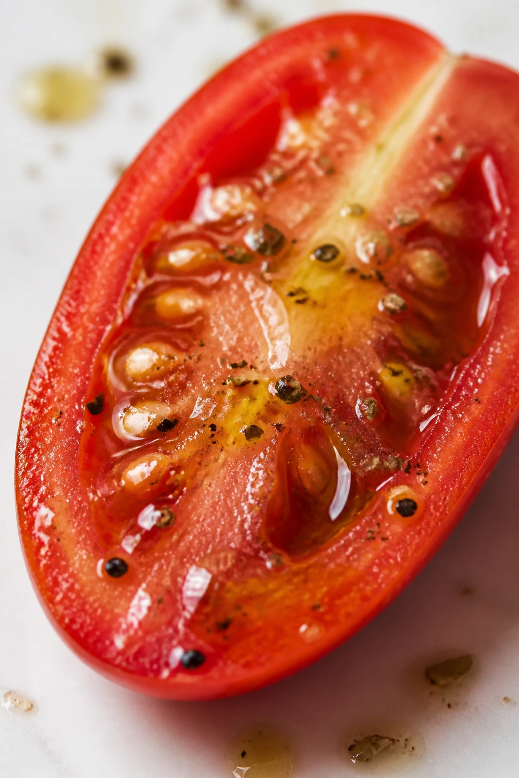 Closeup of a single plum tomato half with vinaigrette drizzle