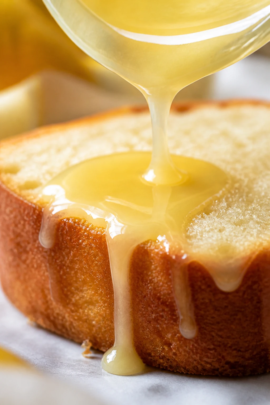 Macro shot of glossy lemon glaze dripping onto loaf slice