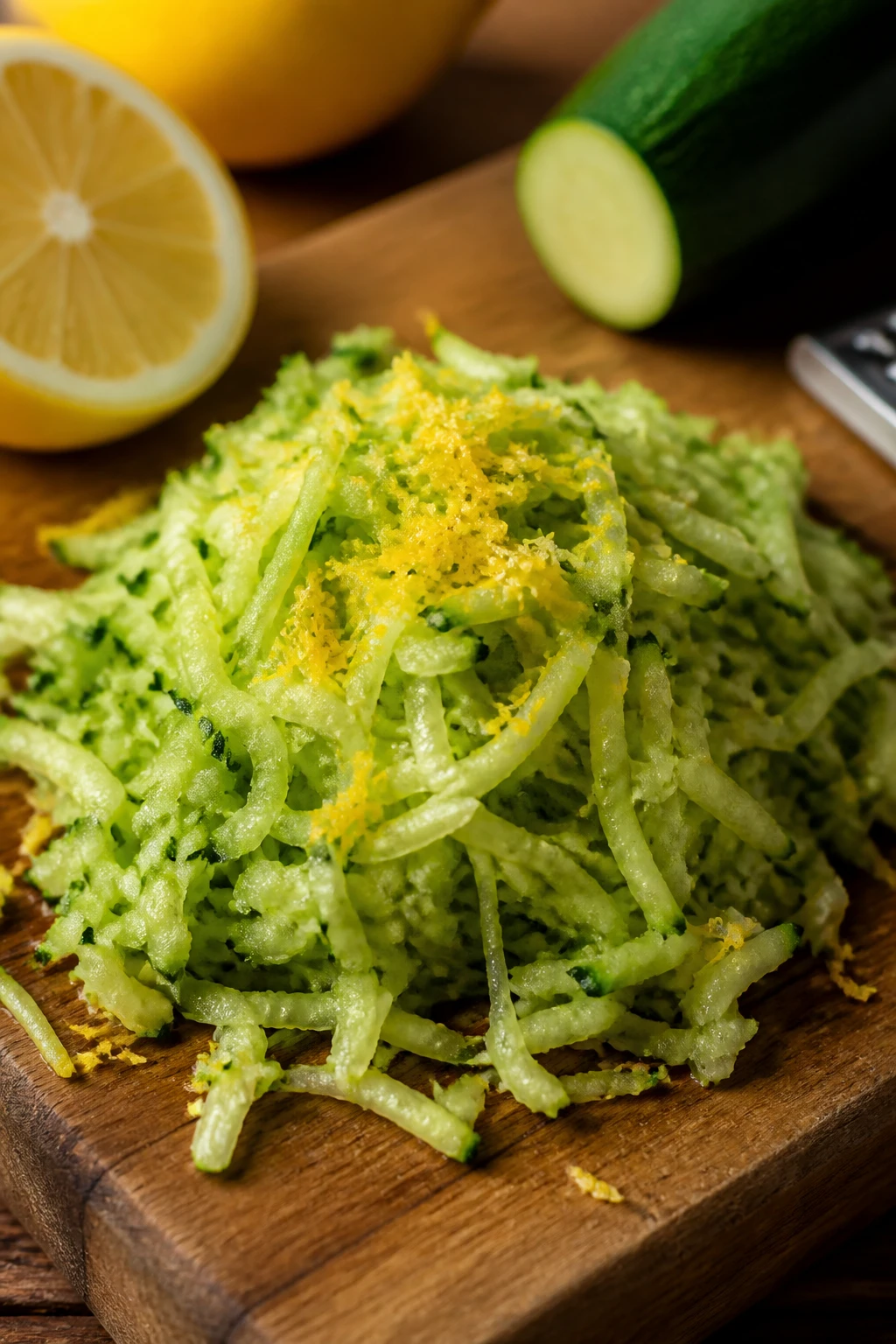 Focused still-life of grated zucchini with citrus zest on wooden board