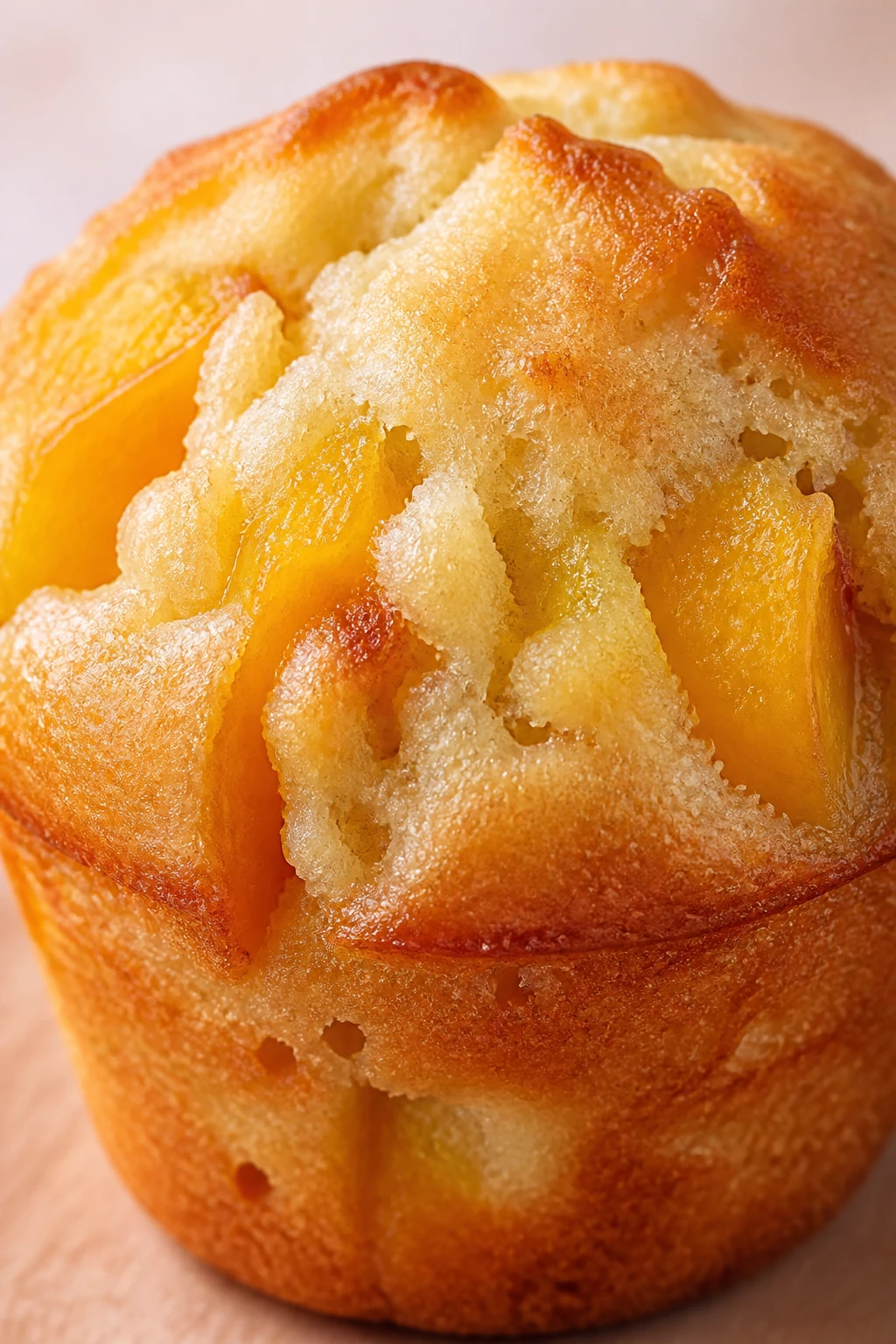 Closeup peach muffin with soft crumb, single muffin top, peach pockets visible