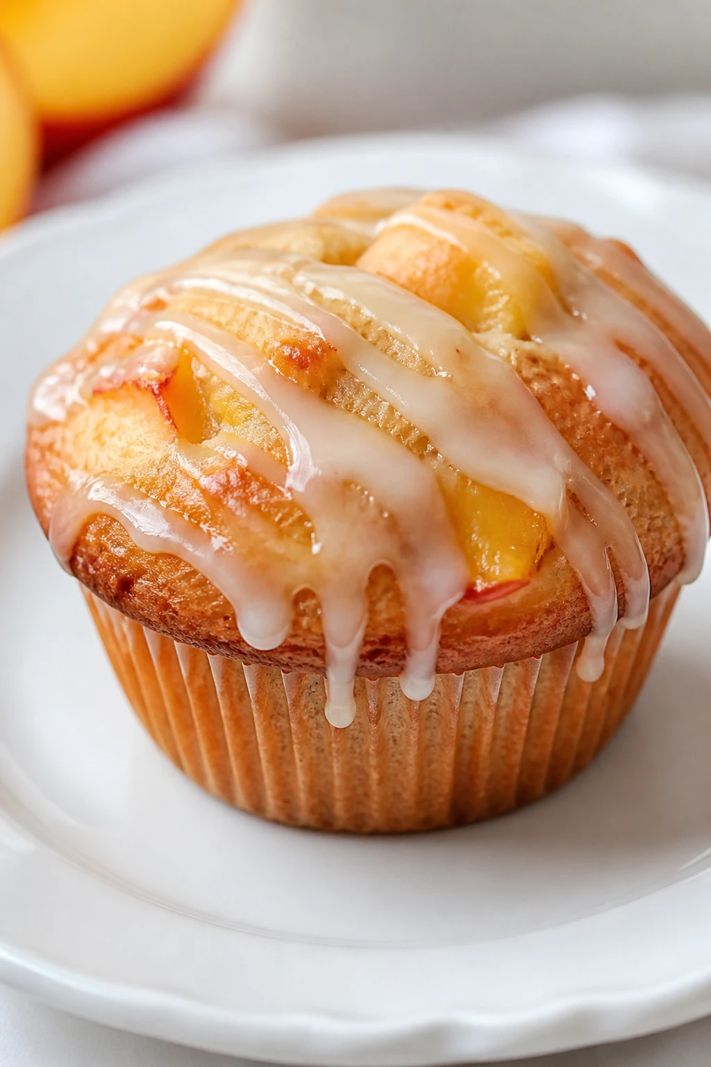 Closeup peach muffin glaze drizzle on top, single muffin on white plate