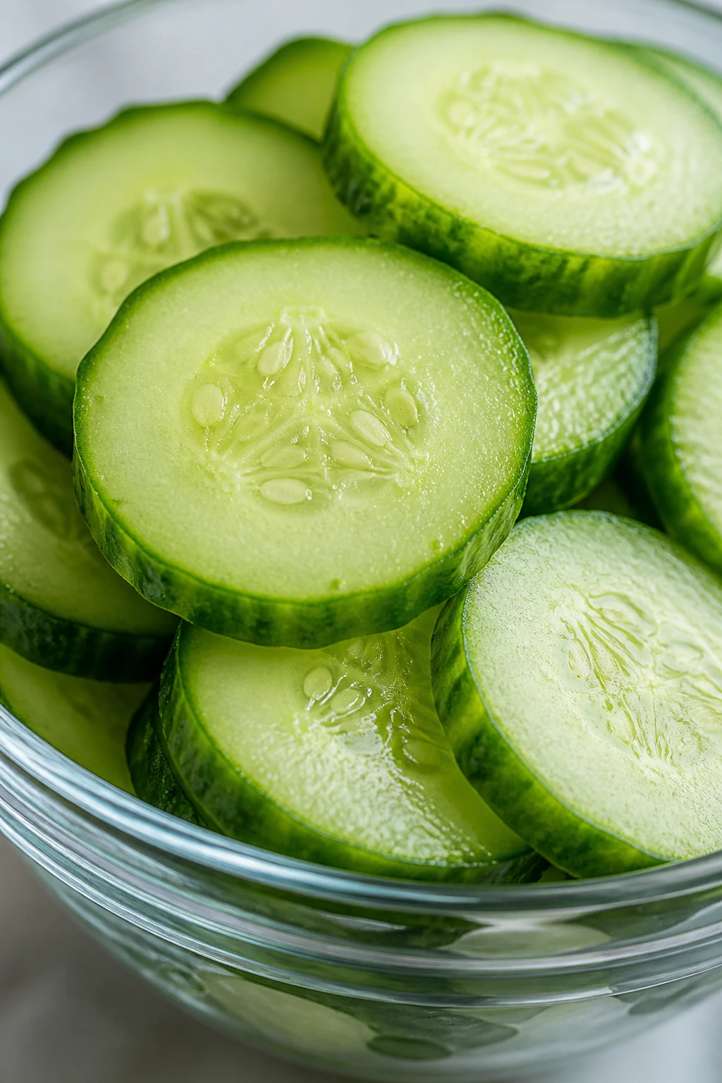 Closeup of cucumber slices atop a glass bowl, sharp focus