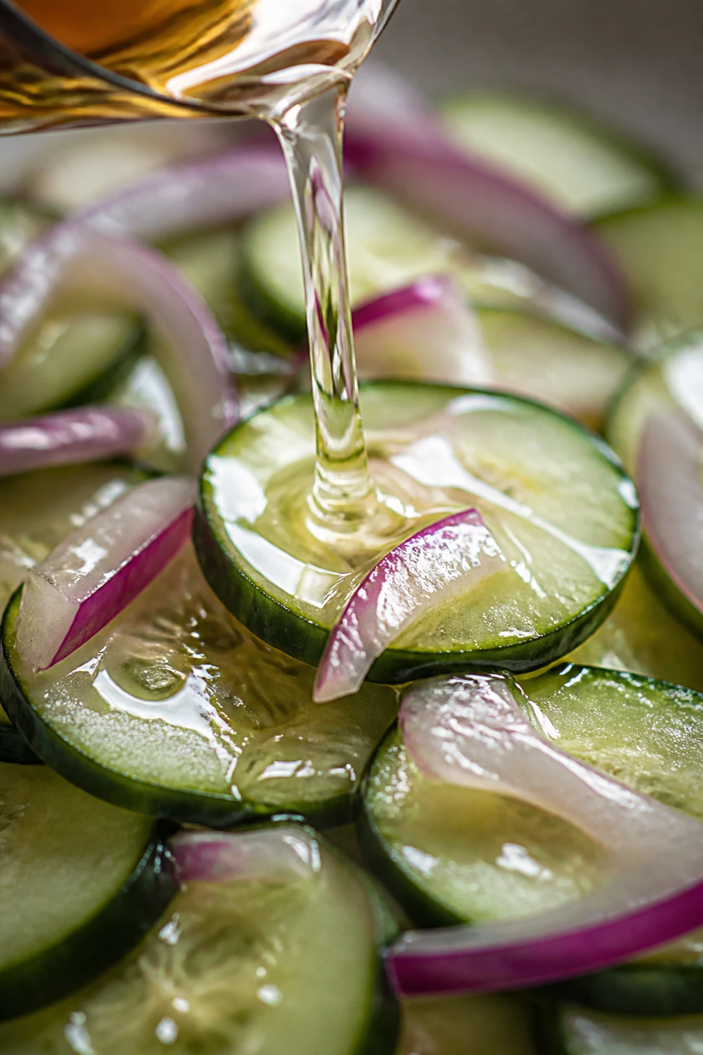 Closeup of vinegar drizzle over sliced cucumber and onion, glossy glaze