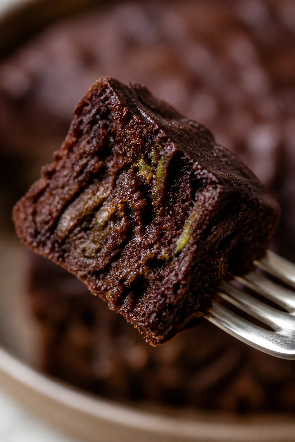 closeup of moist chocolate zucchini cake slice on fork