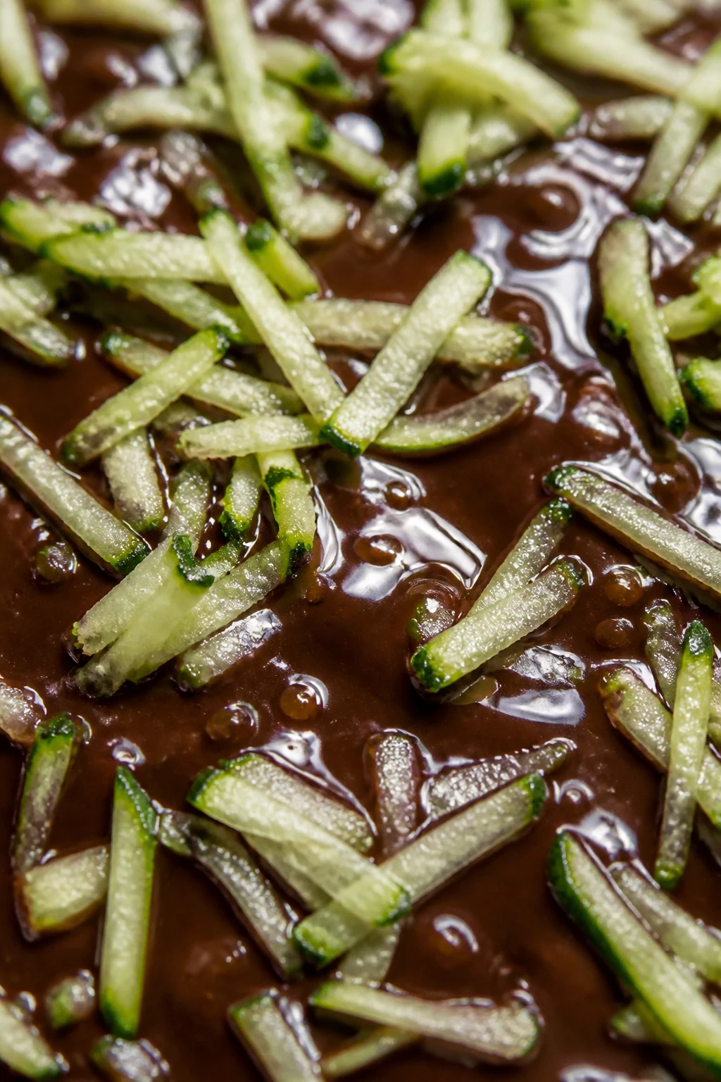 closeup of grated zucchini droplets on glossy chocolate glaze