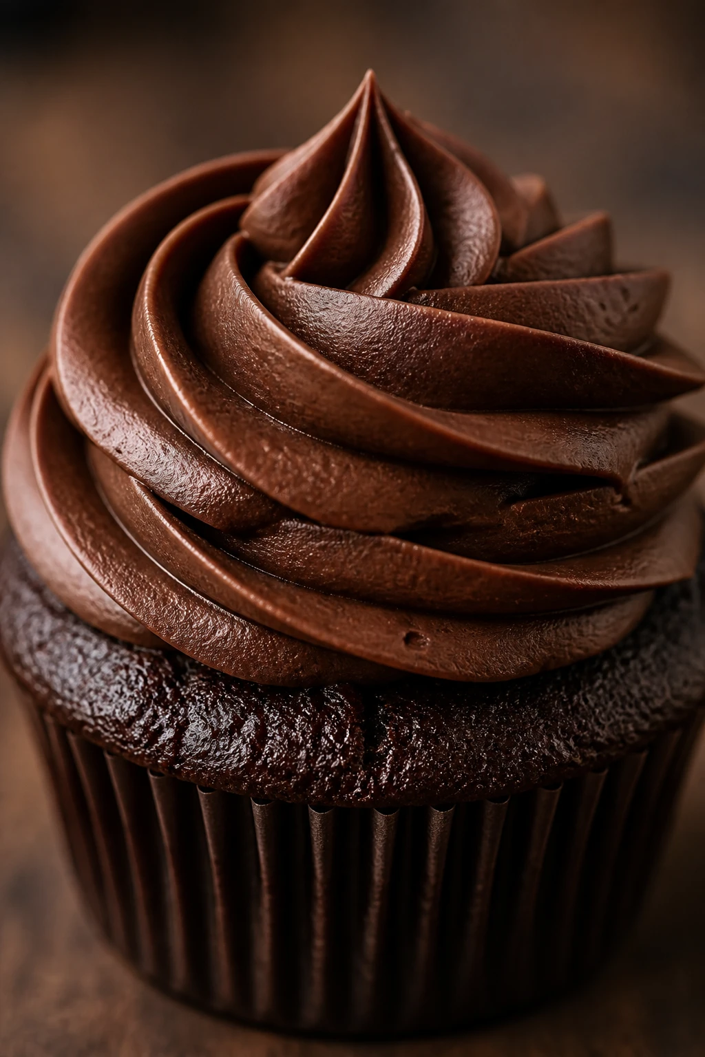 closeup of a single cupcake topped with fudgy chocolate frosting
