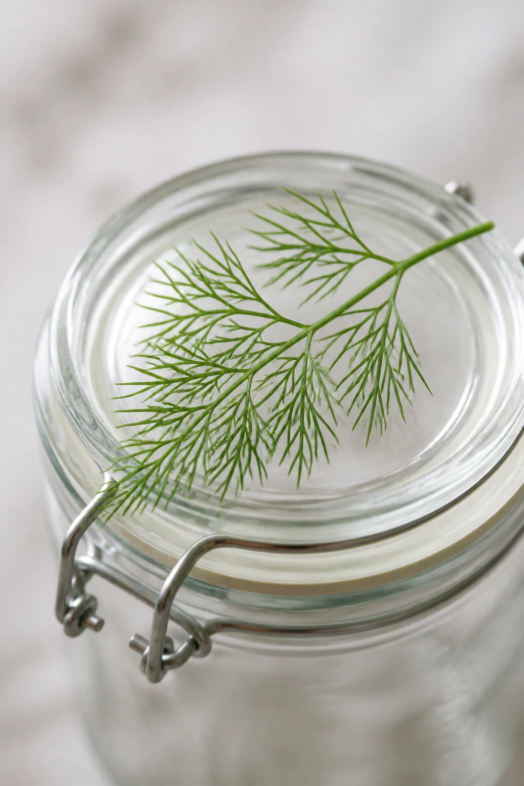 Closeup of single dill sprig resting on glass jar lid open